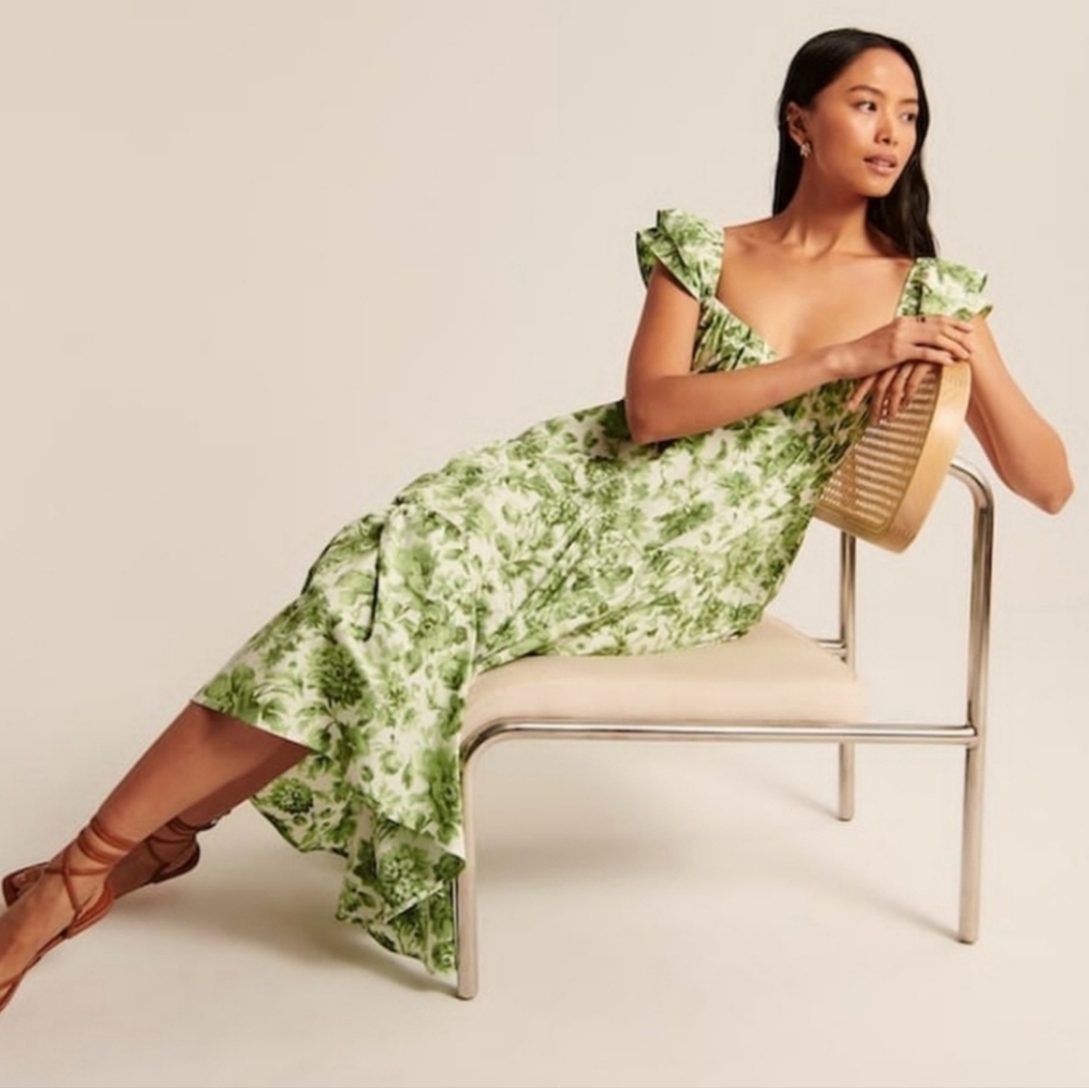 Abercrombie & Fitch Ruffle Sleeve Poplin Midi Dress Green Floral Size M